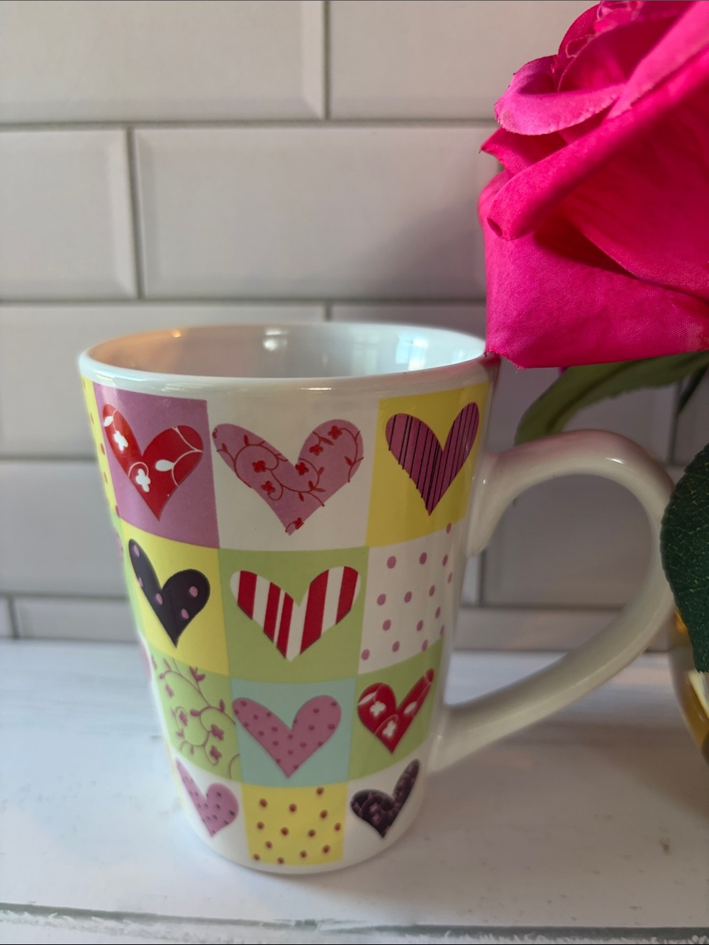 Ceramic Heart-Pattern Mug in Pink & Yellow